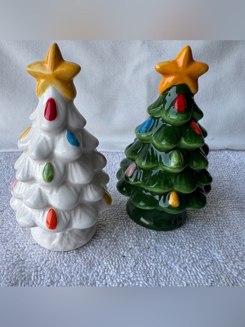Ceramic Holiday Tree Figurine - White and Green - salt and pepper shakers